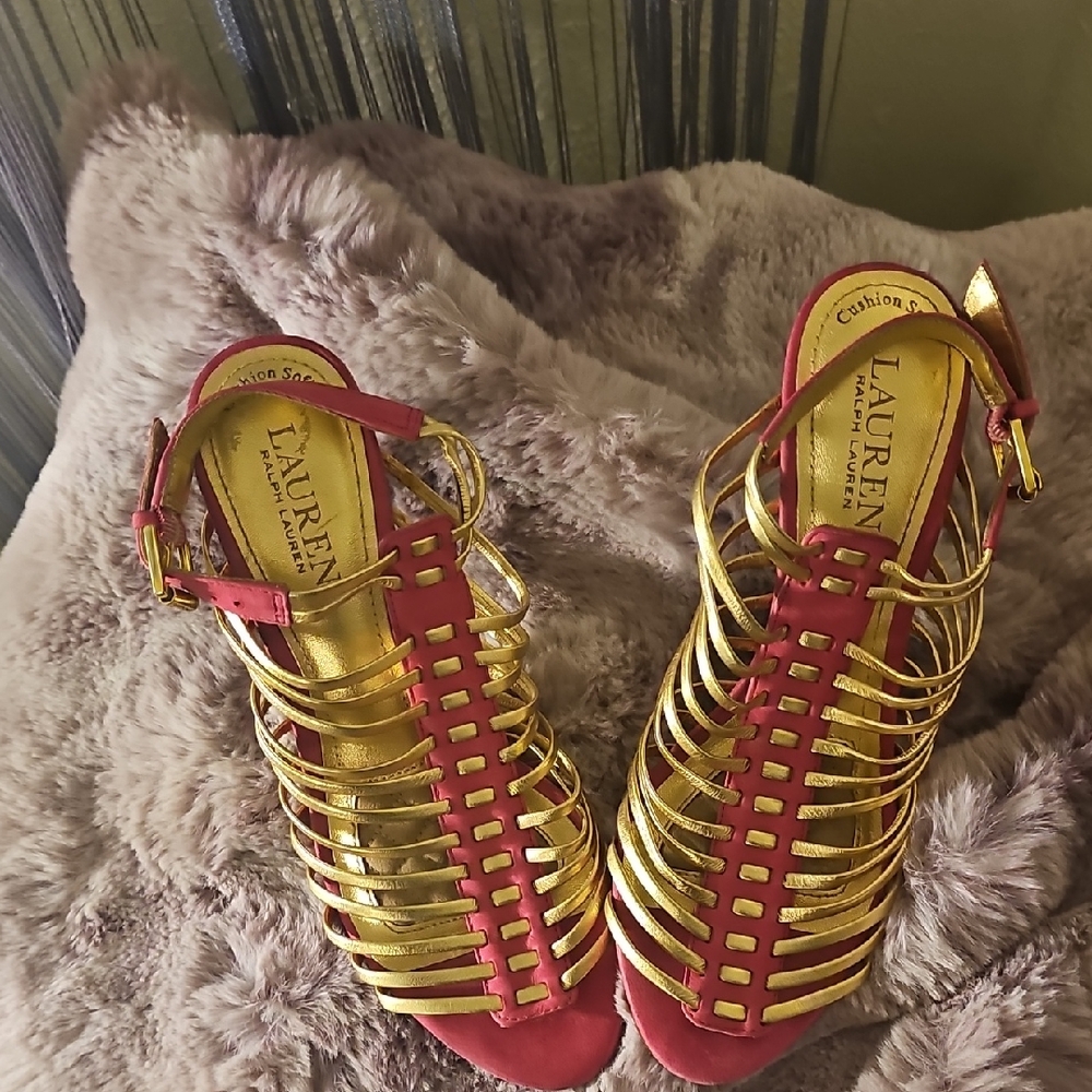 LAUREN by Ralph Lauren Fuchia and Gold Strappy Sandals